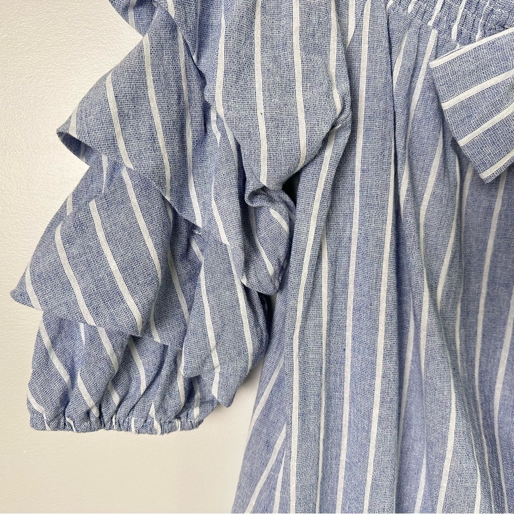 She and Sky Bow Front Detail Puff Sleeve Stripe Off the Shoulder Shirt - Picture 9 of 11